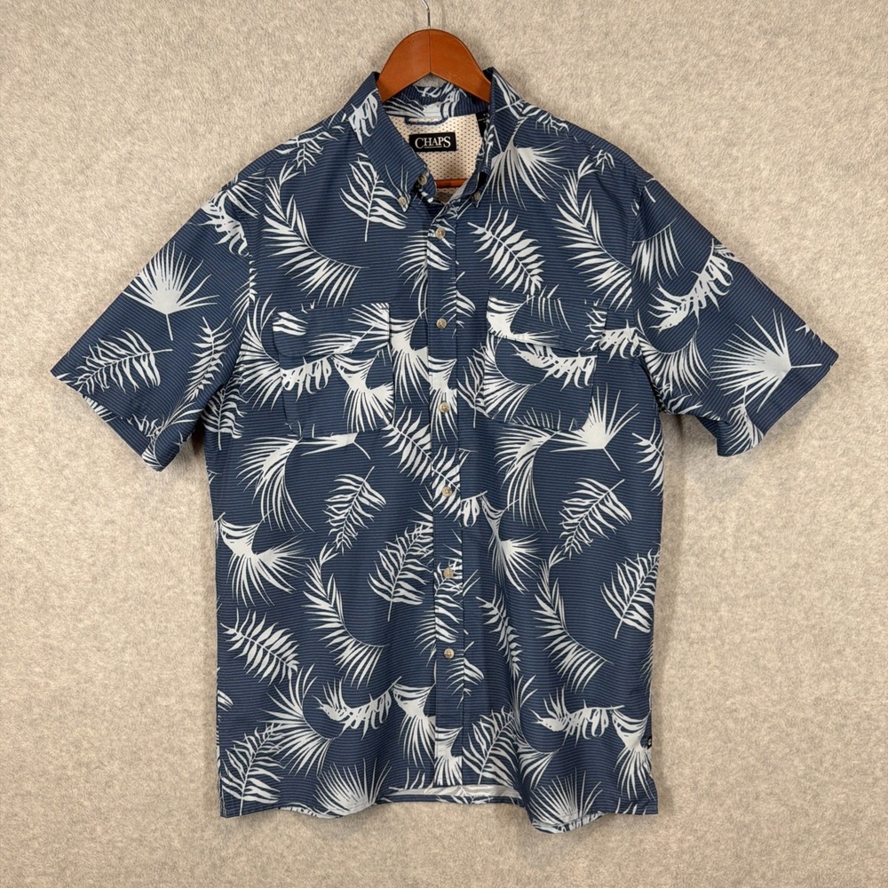 CHAPS Blue Leaf Hawaiian Performance Button Up Mens Large Flap Pocket